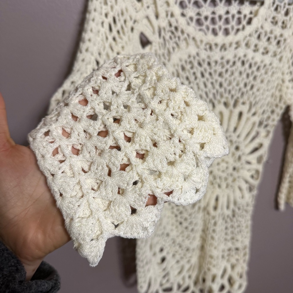 K. Jordan Y2K Crochet Lace Top Ivory Asymmetrical Hem Bohemian Women's Large - Picture 3 of 6